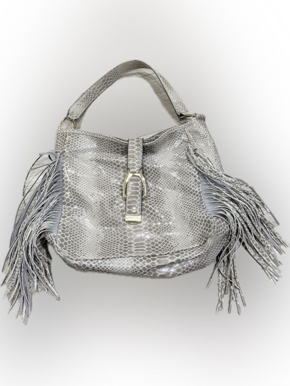 Gray Snake-Embossed Fringe Shoulder Bag